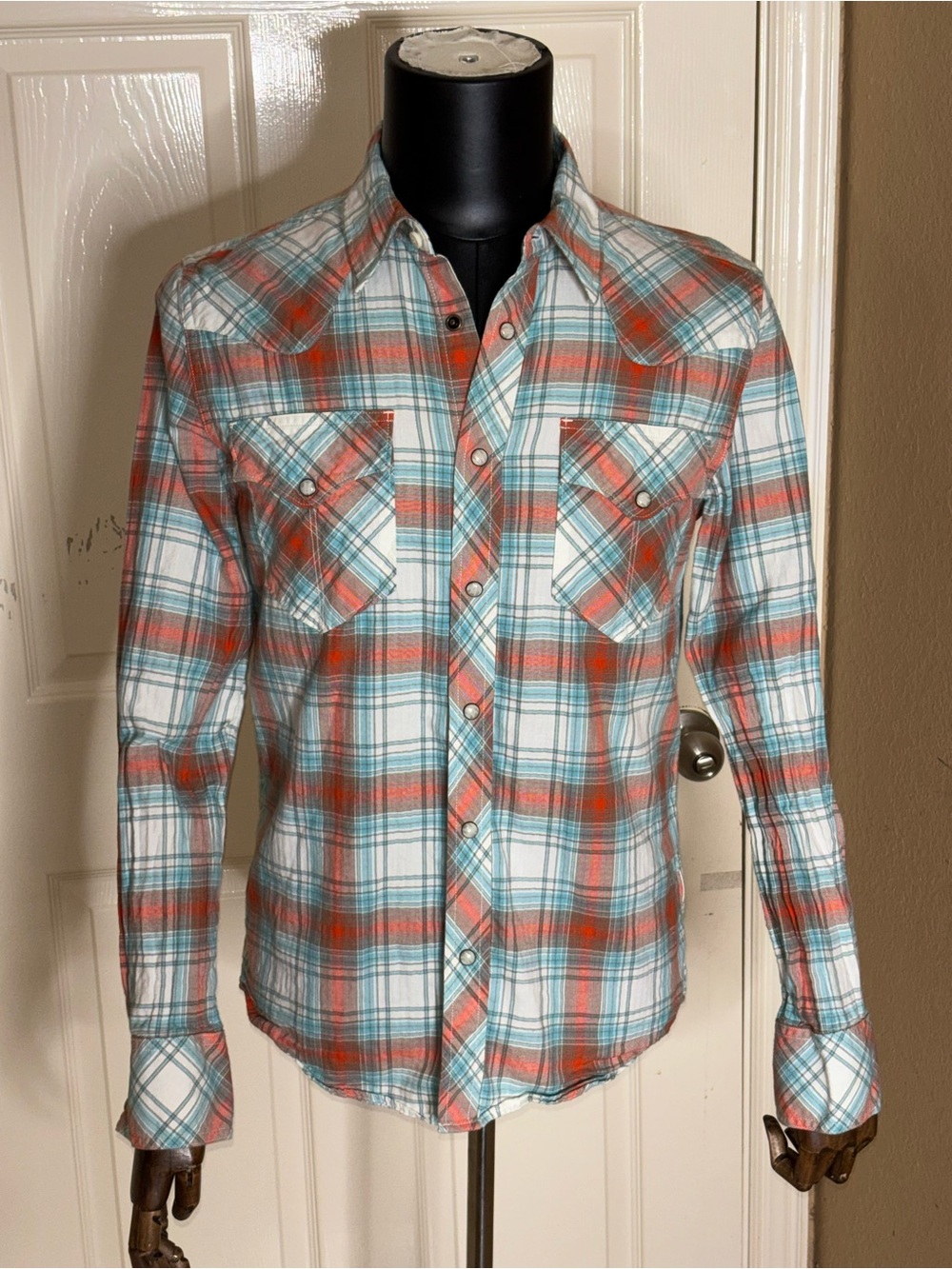 Tecovas Shirt Mens Small Orange Blue Plaid Western Pearl Snap Long Sleeve - Picture 5 of 10
